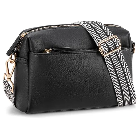 Women Small Crossbody Bag PU Leather Three Zipper Layers Camera Bag With Colorful Geometric Woven Wide Shoulder Strap Handbag