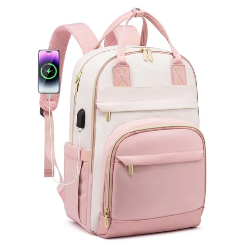 Mode Damen Laptop Rucksack 15,6 Zoll Große Kapazität College Schultasche Reise Rucksack Mit USB Ladeanschluss Patchwork Polyester PU