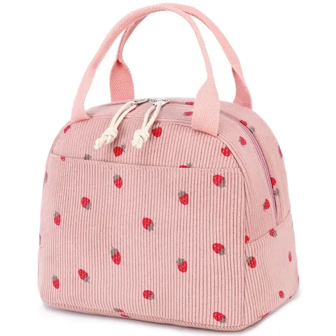 Insulated Lunch Bag Corduroy Large Capacity Portable Thermal Tote Strawberry Print Checkered Pattern Picnic Cooler Bag Women Handbag