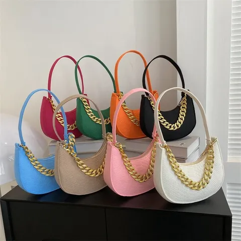 Retro Felt Cloth Underarm Bag Women Thick Gold Chain Hobo Bag Crocodile Pattern Simple Shoulder Bag Handbag Fashion Crescent Purse