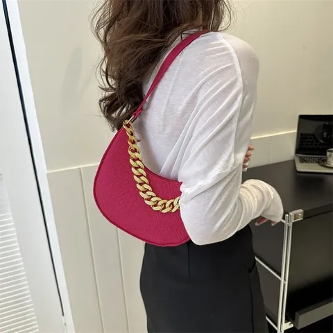 Retro Felt Cloth Underarm Bag Women Thick Gold Chain Hobo Bag Crocodile Pattern Simple Shoulder Bag Handbag Fashion Crescent Purse