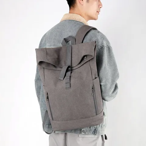 Urban Casual Canvas Roll Top Backpack With Magnetic Buckle Minimalist Business Laptop Bag For Men Women Travel Commuter Backpack