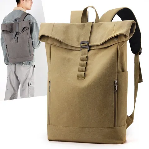 Urban Casual Canvas Roll Top Backpack With Magnetic Buckle Minimalist Business Laptop Bag For Men Women Travel Commuter Backpack