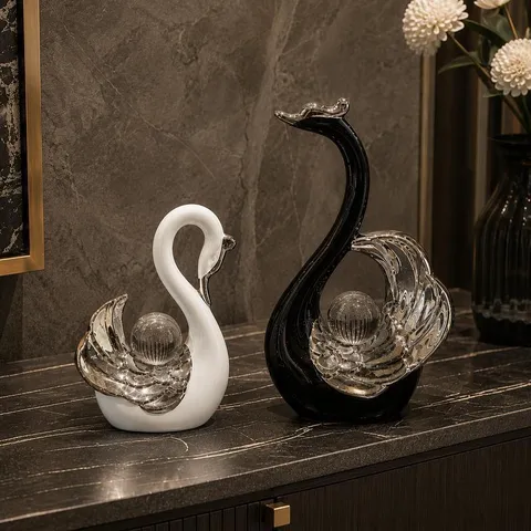 Moderno Ceramica Cigno Coppia Statuetta Con Palla Di Cristallo Lusso Da Tavolo Ornamenti Per Soggiorno Mobile TV Home Decor