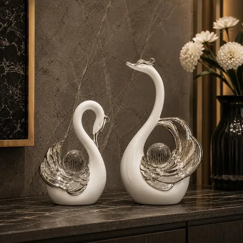 Moderno Ceramica Cigno Coppia Statuetta Con Palla Di Cristallo Lusso Da Tavolo Ornamenti Per Soggiorno Mobile TV Home Decor
