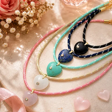 Collier Cordon Tressé Avec Pendentif Cœur Pour Femme Pierre Naturelle Cristal Quartz Rose Turquoise Réglable Bijoux Mode