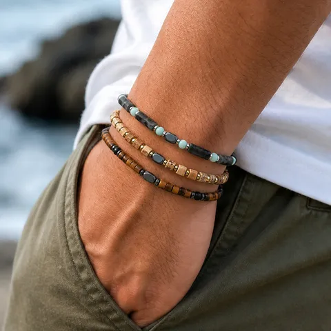 Herren Vintage Naturstein Perlenarmband Set Tigerauge Map Stone Legierung Dekorativer Ethno Stil Elastisches Armband Schmuck Geschenk