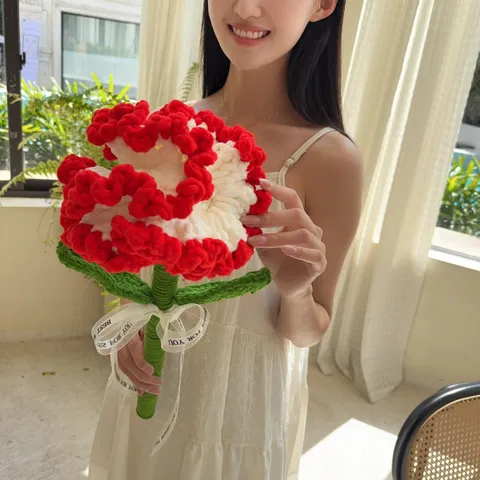 Handmade Knitted Carnation Finished Crochet Flower Bouquet Yarn Artificial Flower For Mother Teacher Day Home Gift