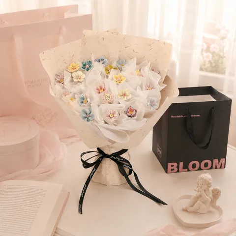 Handmade Ceramic Flower Bouquet Artificial Floral Arrangement With Gift Bag For Teacher Day Home Wedding Decor