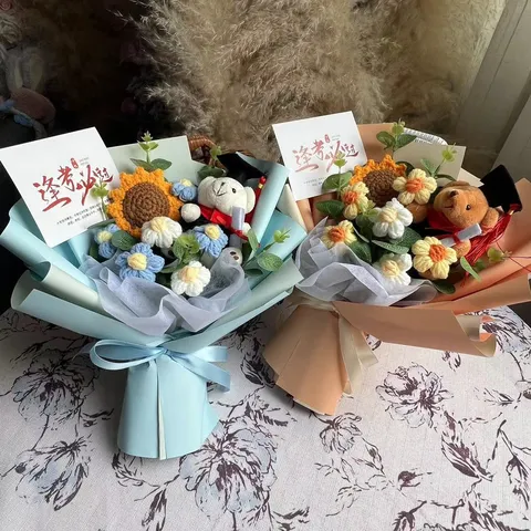 Handmade Knitted Wool Flower Bouquet Crochet Sunflower Daisy With Graduation Bear Doll Gift Bag And Greeting Card