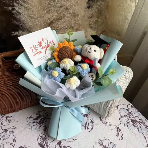 Handmade Knitted Wool Flower Bouquet Crochet Sunflower Daisy With Graduation Bear Doll Gift Bag And Greeting Card