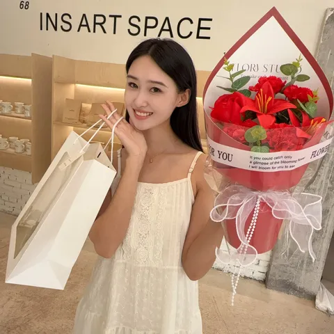 Handmade Artificial Soap Flower Bouquet With Rose Lily Carnation Gift Box For Valentine's Day Mother's Day Women Gift