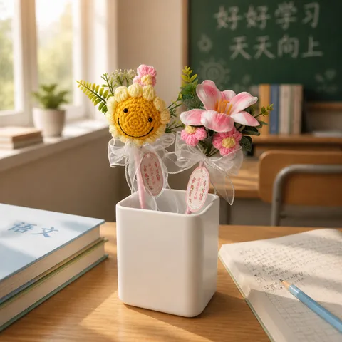 Handmade Knitted Flower Bouquet Gel Pen Cute Wool Crochet Writing Pen For Teacher Day Gift With Card Bag