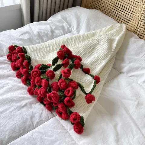 Hand Knitted Rose Blanket Bouquet Crochet Flower Blanket With Gift Bag And Greeting Card For Mother Day Birthday