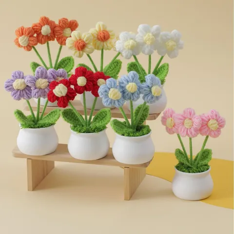 Handmade Knitted Crochet Flower Potted Plant Wool Yarn Artificial Sunflower Desktop Ornament Home Decor Gift