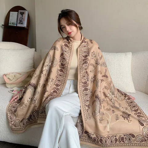Écharpe Rétro Motif Paisley Femmes Châle en Imitation Cachemire Double Face Hiver Chaud Écharpe à Glands Enveloppes Florales Bluebird