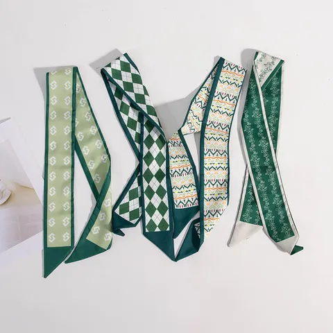 Femmes Mode Petit Foulard en Soie Vert Géométrique Floral Plaid Fin Foulard Ruban Ruban de Sac Bandeau de Cheveux Foulard de Cou