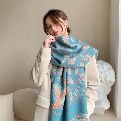 Écharpe Rétro Motif Paisley Femmes Châle en Imitation Cachemire Double Face Hiver Chaud Écharpe à Glands Enveloppes Florales Bluebird