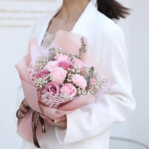 Handmade Soap Flower Rose Carnation Bouquet Gift With Wrapping Paper Artificial Flowers For Teacher Birthday Home Decor
