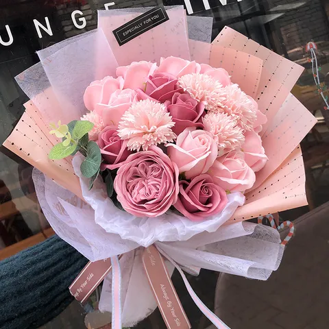 Handmade Soap Flower Bouquet Artificial Rose Carnation Graduation Birthday Gift Home Party Decor Floral Arrangement