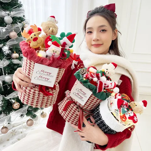 Christmas Plush Doll Bouquet LED Light String Festive Gift Handheld Stuffed Animal Flower Arrangement Home Decor