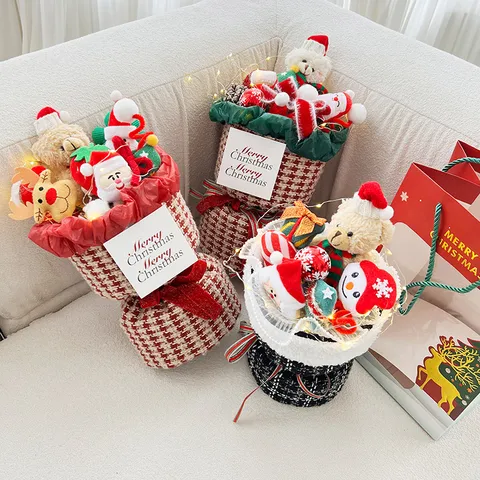 Christmas Plush Doll Bouquet LED Light String Festive Gift Handheld Stuffed Animal Flower Arrangement Home Decor