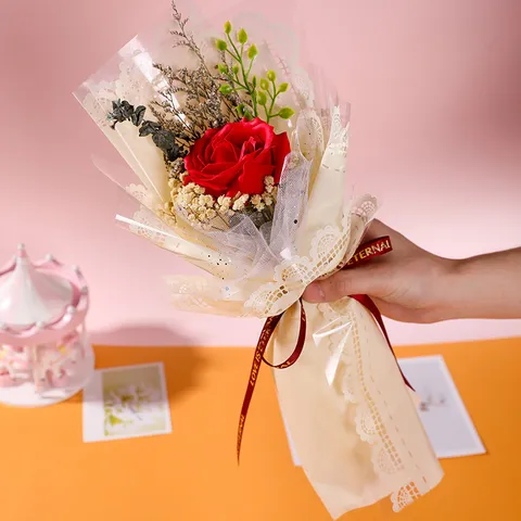 Artificial Soap Rose Flower Bouquet with Lace Wrap Romantic Gift for Valentine Mother Teacher Day Wedding Party