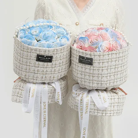 Hand-tied Soap Flower Rose Bouquet Tweed Fabric Gift Box Pearl Chain Elegant Floral Arrangement For Teacher's Day Women Gift
