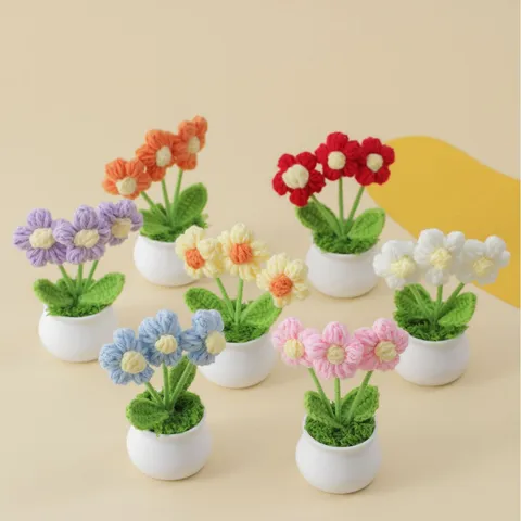 Handmade Knitted Crochet Flower Potted Plant Wool Yarn Artificial Sunflower Desktop Ornament Home Decor Gift