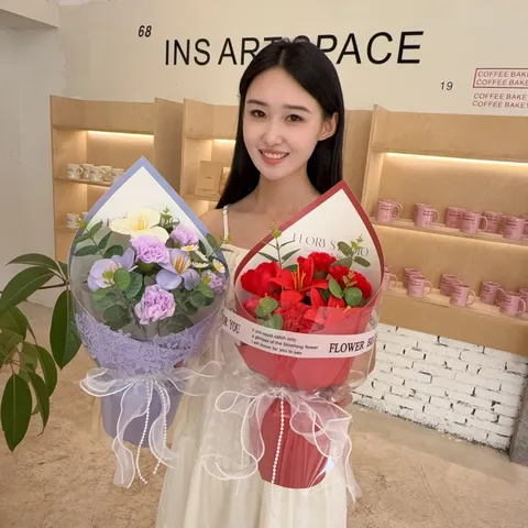 Handmade Artificial Soap Flower Bouquet With Rose Lily Carnation Gift Box For Valentine's Day Mother's Day Women Gift