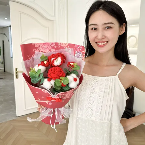 Handmade Crochet Wool Flower Bouquet Mother's Day Chinese Style Carnation Rose Bouquet With Gift Bag For Women