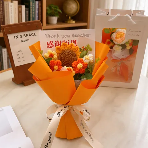 Handcrafted Knitted Sunflower Artificial Flower Bouquet Orange Gift For Teacher Day Birthday Party Home Decor