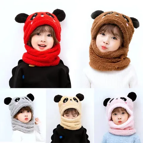 Chapeau en Peluche Panda Mignon pour Enfants Hiver Chaud Coupe-vent Chapeau Pull Et Écharpe Intégrés Mignon Bébé Casquette De Protection Des Oreilles