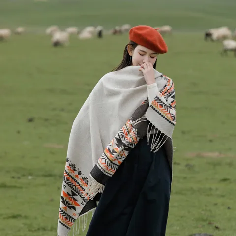 Retro Ethnic Geometric Print Faux Cashmere Shawl Winter Warm Tassel Cape Outdoor Travel Oversized Blanket Scarf For Women Men