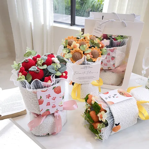 Handmade Knitted Yarn Flower Bouquet Crocheted Strawberry Sunflower Apple Persimmon Orange Gift For Graduation