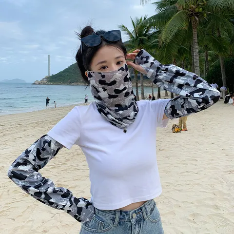 Unisex Camouflage Ice Silk Sun Protection Sleeves UV Protection Ear Loop Face Mask Arm Sleeves Combo Set For Cycling Outdoor