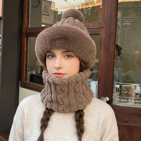 Women Winter Integrated Integrated Hat Face Mask Scarf Neck Warmer Windproof Ear Protection Knitted Beanie Hat Warm Cap For Outdoor Cycling