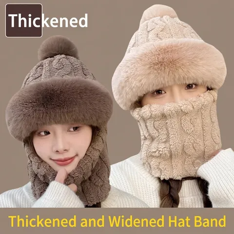 Women Winter Integrated Integrated Hat Face Mask Scarf Neck Warmer Windproof Ear Protection Knitted Beanie Hat Warm Cap For Outdoor Cycling