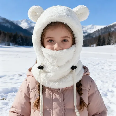 Cute Bear Ear Kids Winter Warm Windproof Hat Fleece Thickened Scarf Integrated Face Mask Cold Weather Beanie