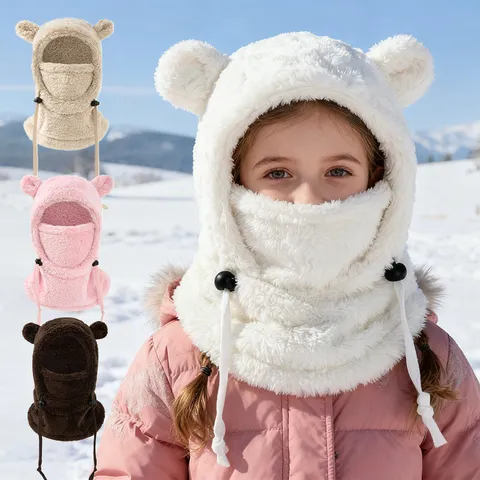 Cute Bear Ear Kids Winter Warm Windproof Hat Fleece Thickened Scarf Integrated Face Mask Cold Weather Beanie