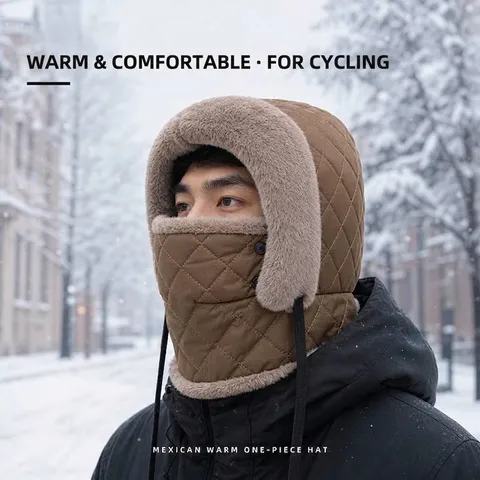 Chapka Matelassée d'Hiver Pour Adultes Doublée De Polaire Bonnet Aviateur Coupe-vent Avec Masque Intégré Cache-col Pour Extérieur