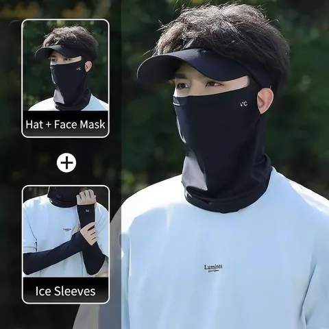 Ensemble Protection Solaire Extérieur Protection UV Chapeau Vide Masque Visage Rafraîchissant Manches Soie de Glace Sports d'Été