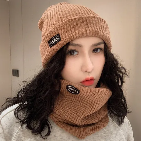 Winter Knitted Beanie Hat And Scarf Neck Warmer Set Outdoor Warm Fleece Lined Thickened Thermal Accessories For Men Women
