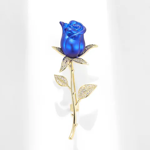 Eleganter Blaue Rose Brosche Für Damen Vergoldete Legierung Strass Blumen Reversnadel Valentinstag Schmuck Geschenk