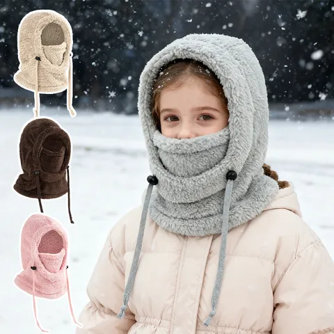 Winter Warm Sherpa Fleece Integrated Balaclava Hat For Kids And Adults Windproof Neck Warmer Outdoor Cycling Skiing Plush Hooded Scarf