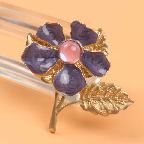 Vintage Luxury Cherry Blossom Brooch Purple Enamel Pink Cat Eye Stone Gold Plated Alloy Flower Pins For Women Jewelry Gift