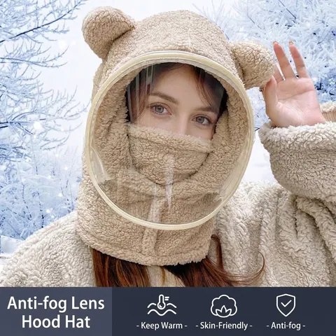 Cute Bear Ear Fleece Integrated Winter Hat For Women Kids With Anti-Fog Shield Windproof Warm Neck Protection Pullover Cap