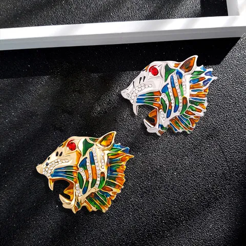 Vintage Tiger Head Brooch Pendant Alloy Colorful Enamel Roaring Tiger Rhinestone Inlay Pin For Men Women Banquet Jewelry