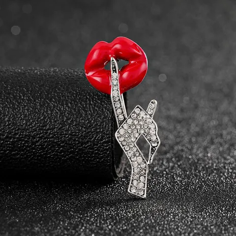 Creative Red Lip Gesture Brooch Designer Alloy Enamel Rhinestone Inlaid Corsage Personalized Simple Jewelry Pin Gift For Women