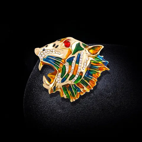 Vintage Tiger Head Brooch Pendant Alloy Colorful Enamel Roaring Tiger Rhinestone Inlay Pin For Men Women Banquet Jewelry